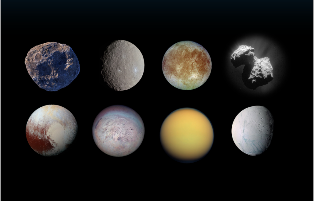 Image of four cold solar system objects arranged together while floating in space.